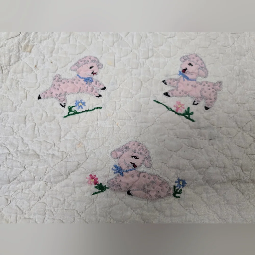 Vtg Handmade Quilt Emroidery Baby Blanket Decor Lamb Flowers Pink Nursery